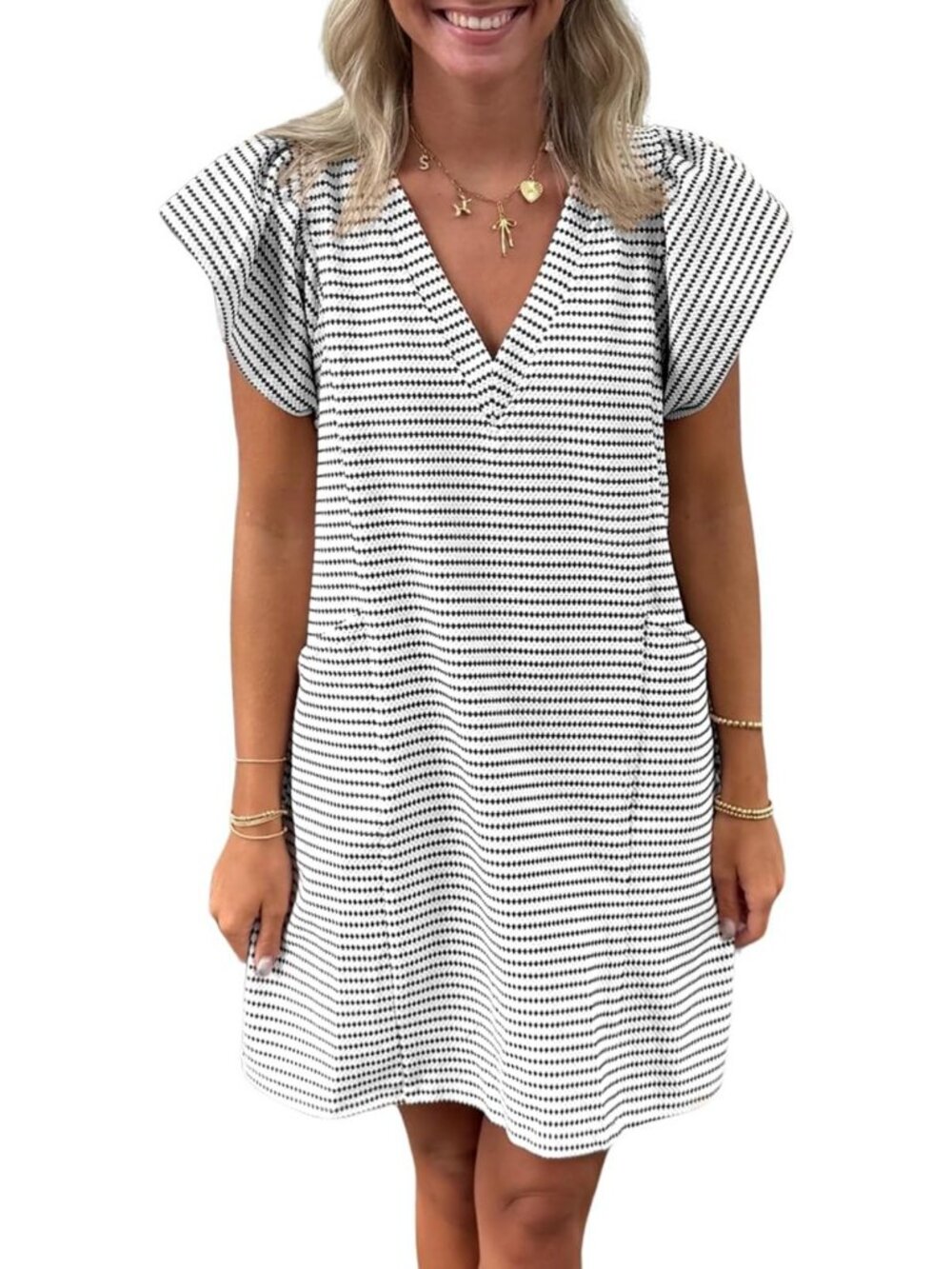 Striped V-Neck Mini Dress with Puff Sleeves & Pockets - Casual Summer Style